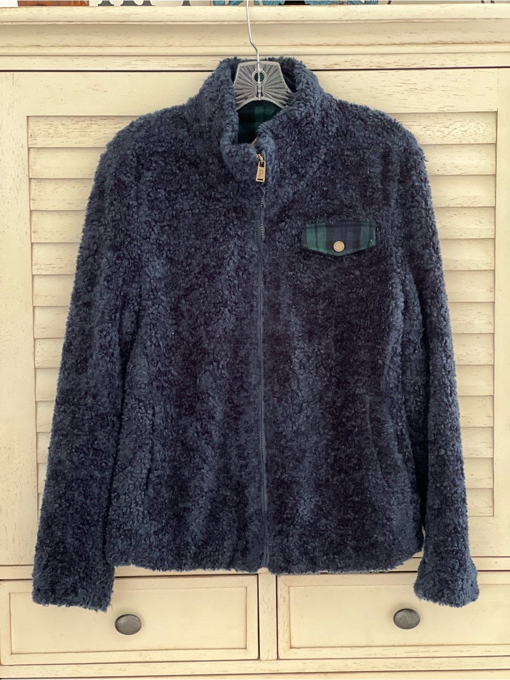 Pendleton Fuzzy Full Zip Coat Jacket Blue Plaid Fleece Long Sleeve Sz S Women's